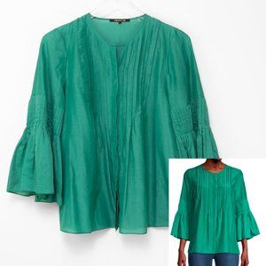 Kobi Halperin Alea Blouse Cotton Silk Top Bell Sleeve Pleats Field Green Size XS
